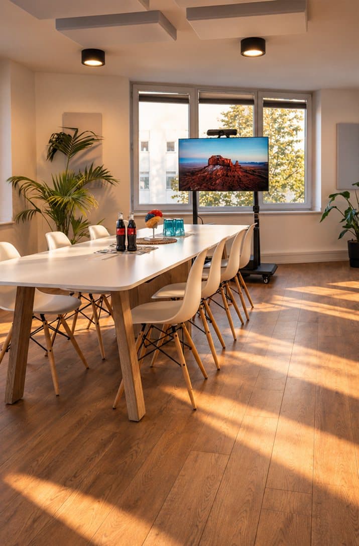 Besprechungsraum mit langem Tisch und Bildschirm